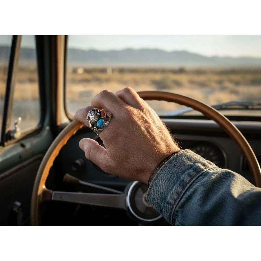 Navajo Men's Buffalo Ring Sterling Silver Turquoise‎ Signed Grace Smith 13 ***